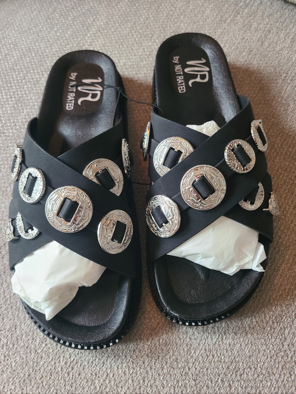 Not Rated Western Inspired Black Slide Sandals with Silver Medallions Size 9